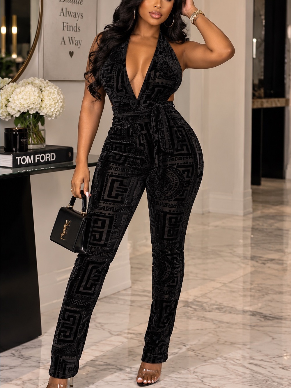 PopSocket Black Velvet Halter Jumpsuit with Geometric Burnout